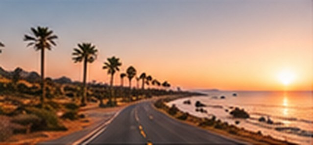 Route côtière bordée de palmiers au coucher du soleil